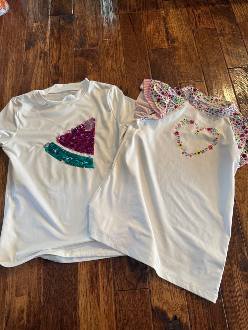 Cat and Jack Girls White Sequin Watermelon & Floral Heart Rash Guard Tops 10/12